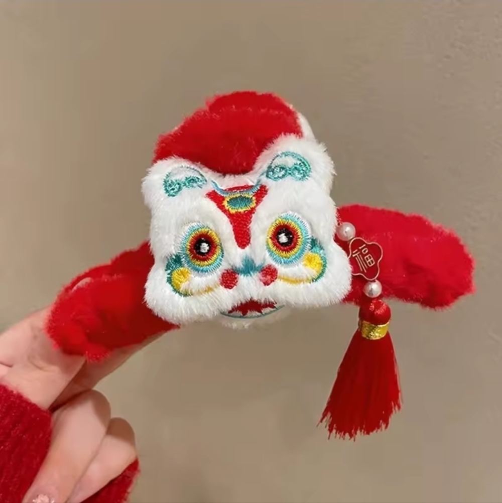 Vibrant Red and White Embroidered Lion Hair Clip